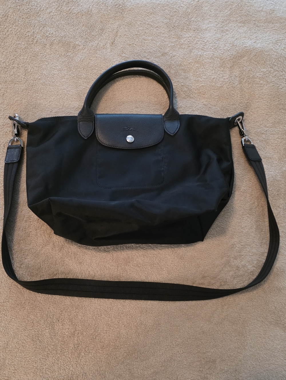 Longchamp Black Nylon Shoulder Tote with Top Handles